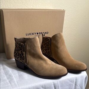 Lucky Brand Tan and Brown Ankle Booties with Leopard Accent